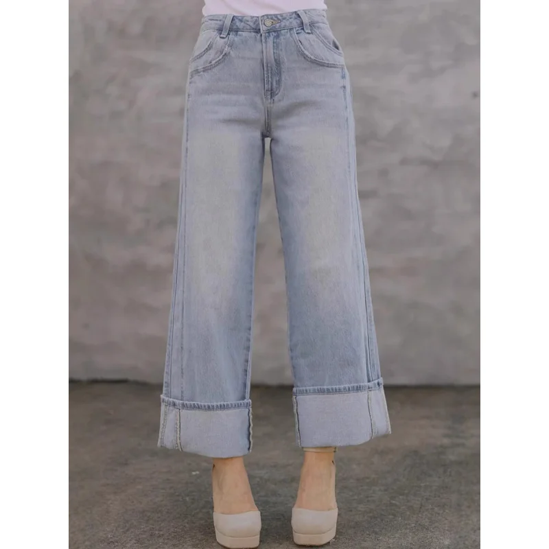 Women's Casual Loose Mid-Waist Straight Tube Jeans Fashionable Washed Look for Autumn 2026