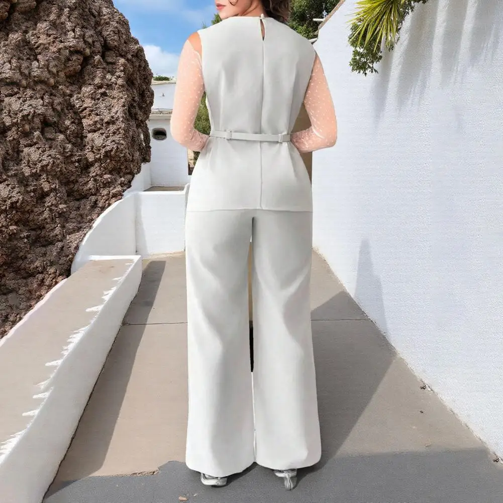 2025 Elegant Sleeveless Women Blazer Vest Suits V Neck Office Tanks Female Crop Top Wide Pants Sets OL