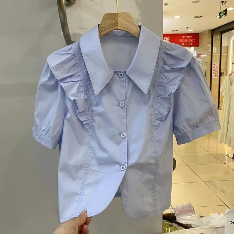 Chemise élégante à col plissé uni, tendance estivale pour femmes, chemise décontractée pour femmes, col de poupée