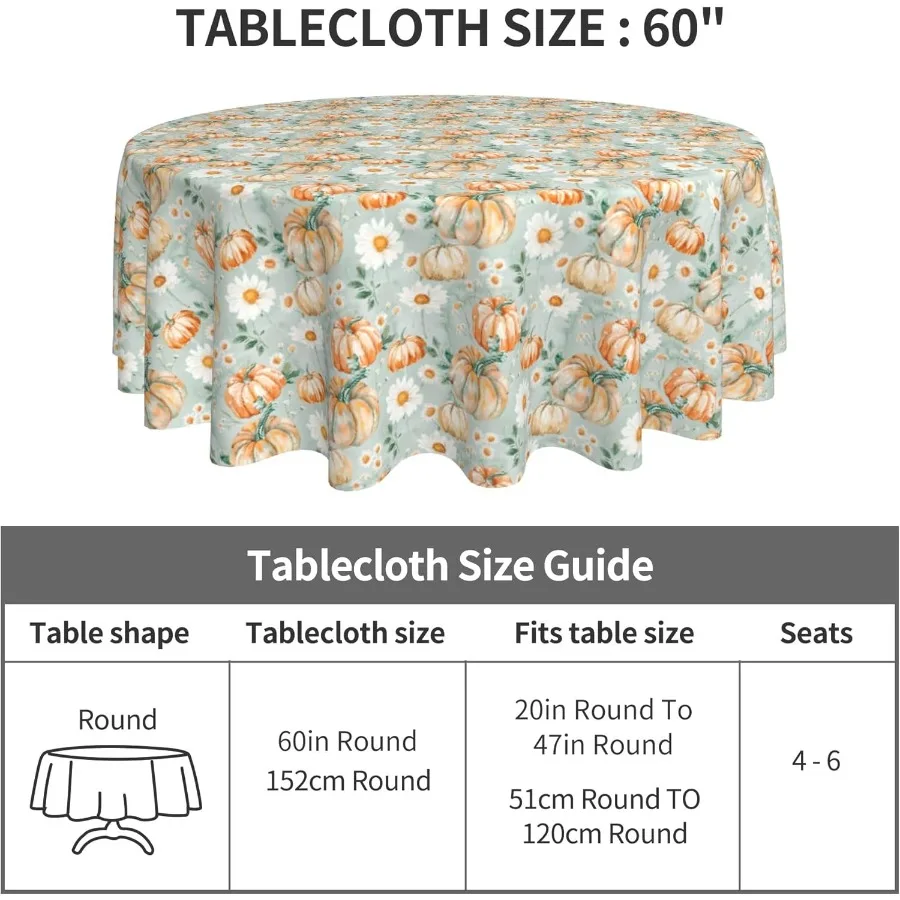Fall Round Tablecloth 60 Inch Pumpkin Daisy Pattern Waterproof Dining Table Cover for Autumn Thanksgiving Heat Resistant Kitche