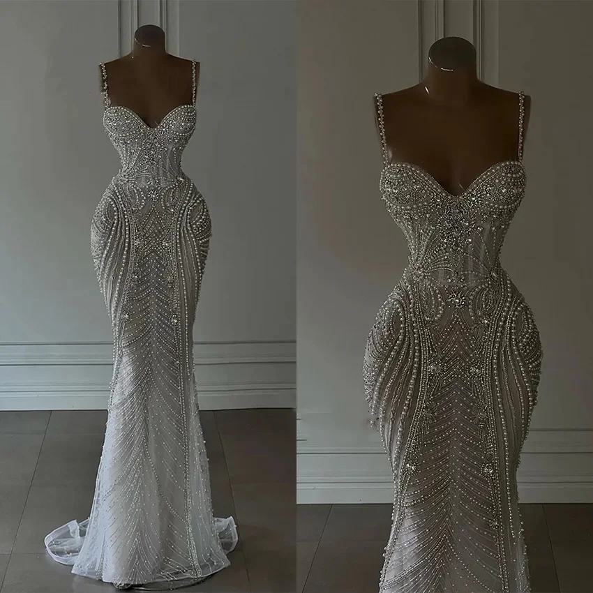 أشرطة مخصصة دبي فساتين زفاف فاخرة مثيرة حورية البحر لؤلؤ ثقيل مطرز بالخرز للسيدات فساتين العروس حورية البحر vestidos de novia