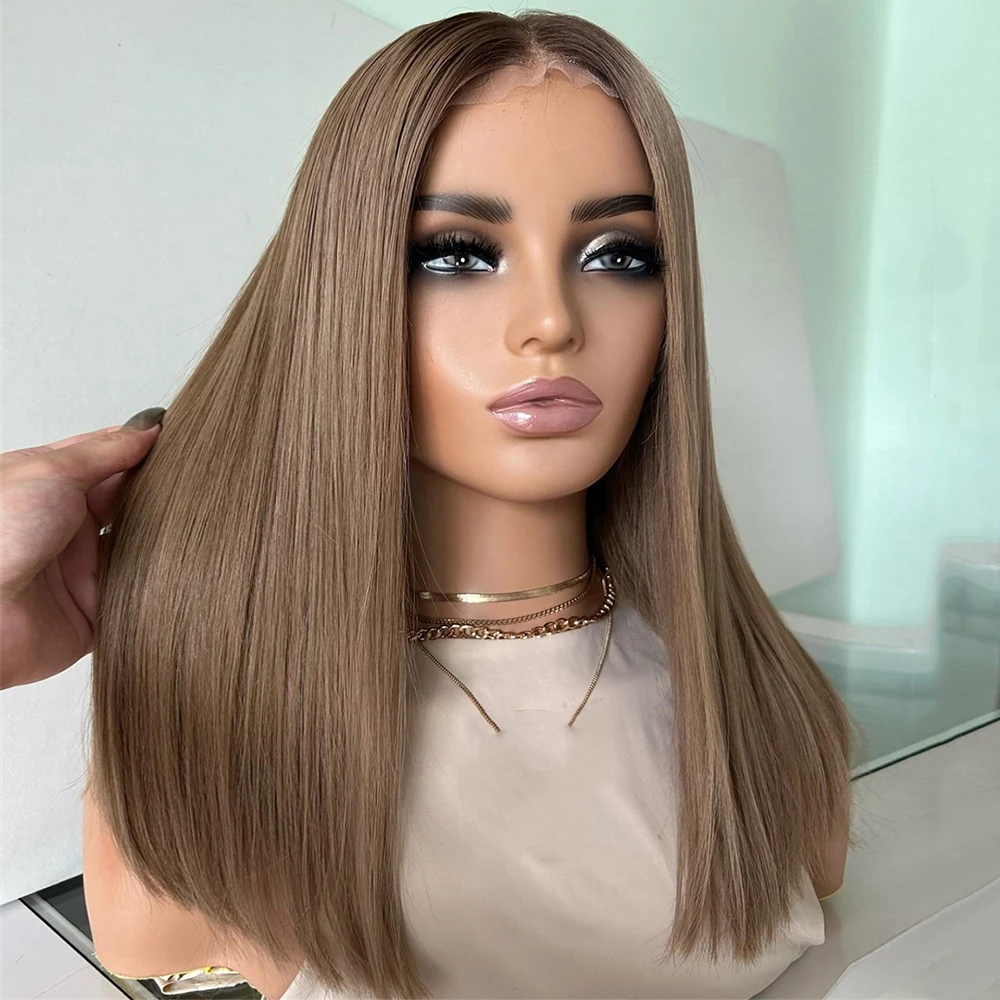 Long Bob Wig 18inch Middle Part Caramel Blonde Ash Roots Luxury Synthetic Lace Front Wig Soft Straight Wig for Women Wear and Go