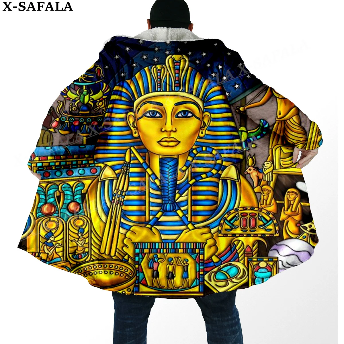 Pharaoh Ancient Egyptian Cat Print Thick Warm Hooded Cloak Men Overcoat Coat Windproof Fleece Cape Robe Hooded Blanket-18