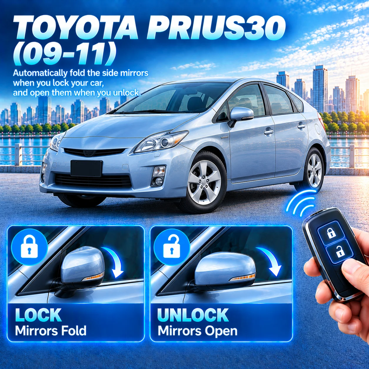 Suitable for Toyota Prius 30 (2009–2011) rearview mirror folding module retrofit: folds upon locking, unfolds upon unlocking.