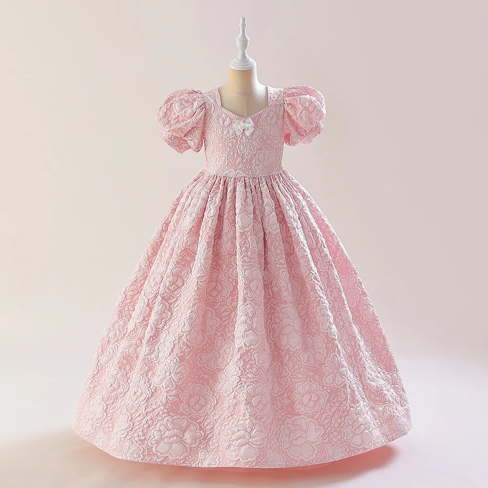 

Children Girls Puff Sleeve Flower Embroidery Beading Maxi Princess Dress For Kids Birthday Party Wedding First Communion Gown
