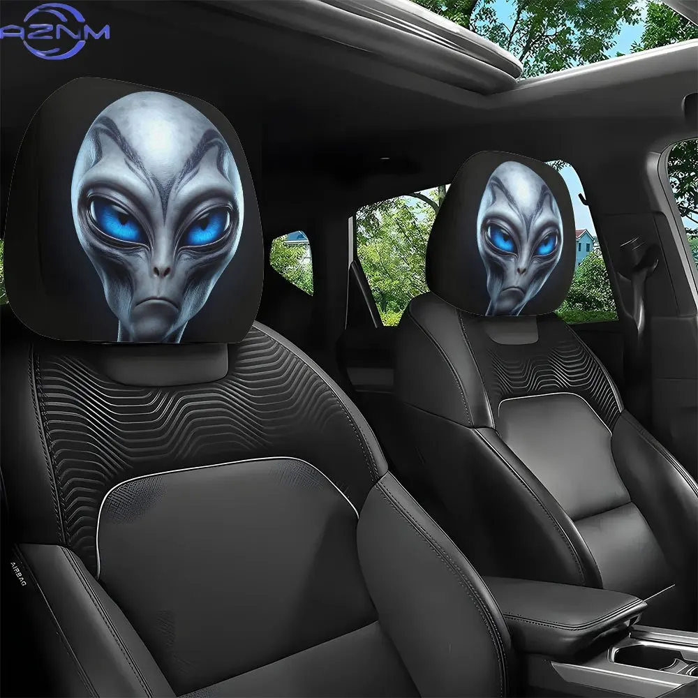 2pcs, Deep Blue Alien Print Car Headrest Covers, Interior Decoration, Universal Fit, Washable, Easy to Install, Suitable for L