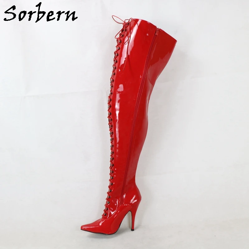 

Sorbern Customized Wide Haft Shaft Boots Women 12Cm Stilettos High Heel Lace Up Pointed Toe Lace Up Mid Thigh High Boots Unisex