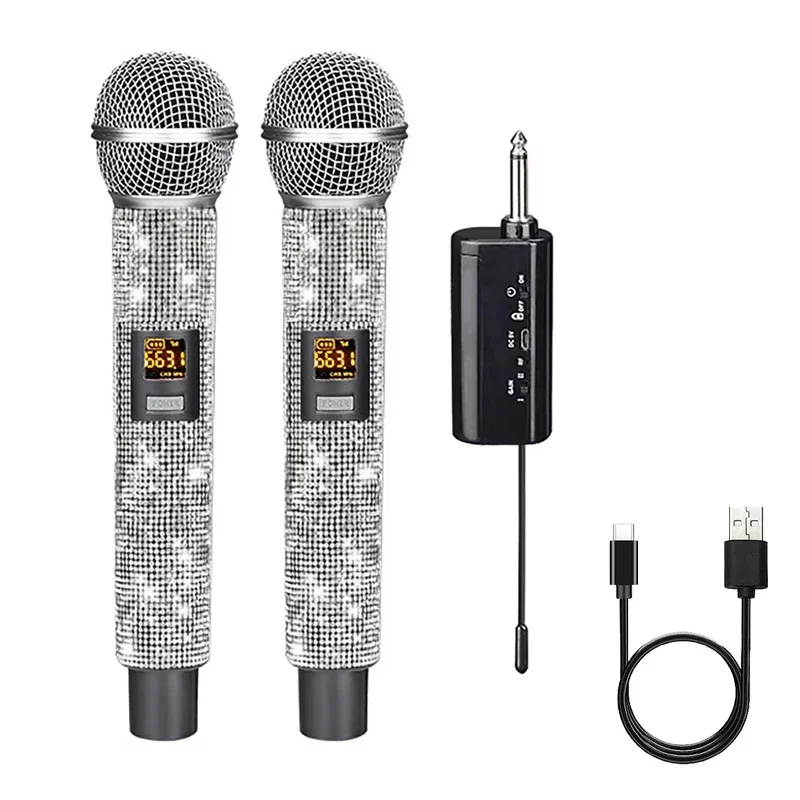 Dual Diamond Wireless Microphone Crystal Cordless Dynamic Mic Rechargeable Battery Receiver for Party Speech Karaoke Church