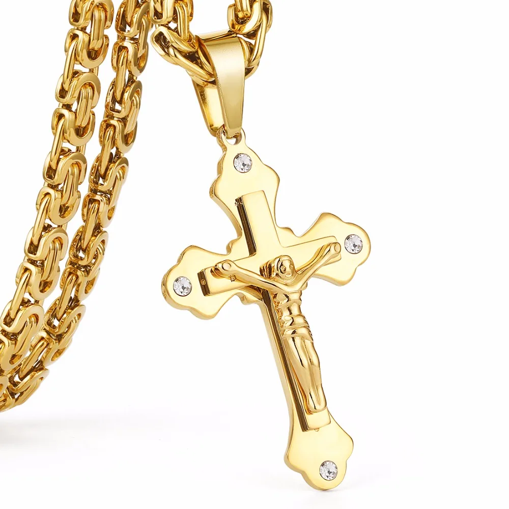 Gold Color Stainless Steel Chain Crystal Jesus Cross Pendant Necklaces Link Chains Men Necklace Chain Long gouden ketting MN69