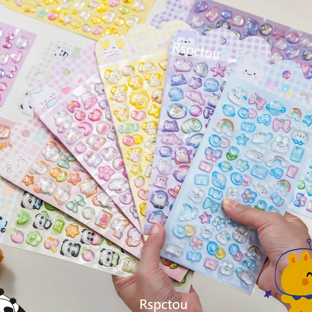 6 個漫画かわいい小さな動物 3D レリーフステッカーかわいいゼリークリスタルステッカー装飾 DIY 電話ノートブック報酬デカールギフト