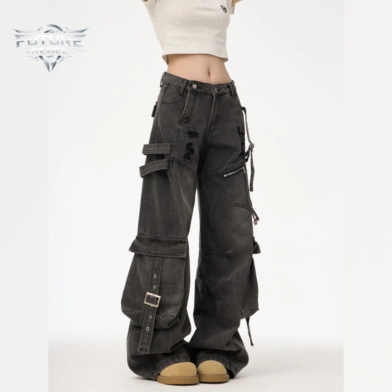 New Y2K Multi Pocket Cargo Distressed Ripped Denim Jeans Baggy Straight Gothic High Street Streetwear Trousers Harajuku Unisex