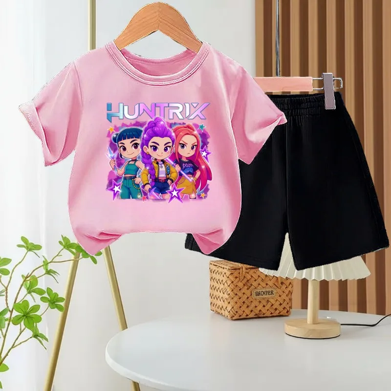 Tenues décontractées d'été pour enfants, t-shirt et short imprimés de dessins animés K POP pour filles, ensemble deux pièces, hauts à manches courtes à col rond pour enfants