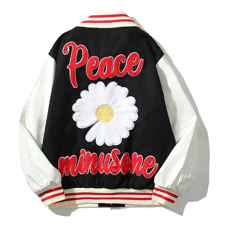 Japanese Retro Letter and Daisy Embroidery Contrast Color Thick Woolen Jacket for Men and Women Streetwear Casual Winter Coat