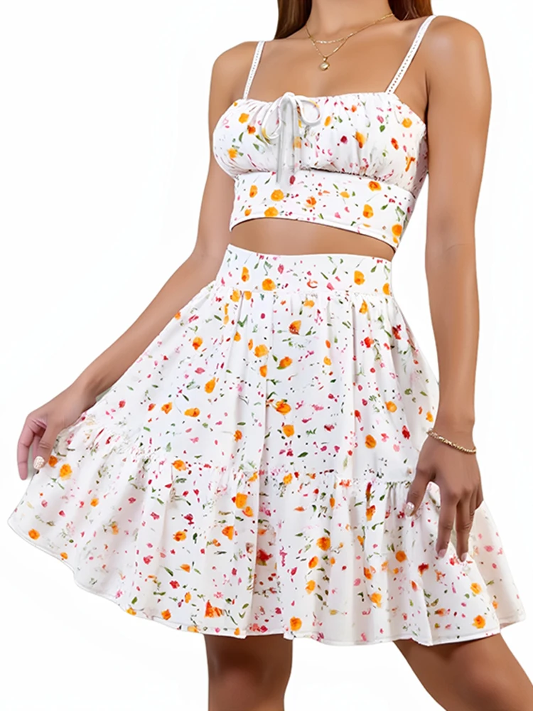 

Mia Muse Select Women's Sets 2025 French Floral Sleeveless Square Neck Tanks Knee Length High Waist A-Line Skirts Vacation Sets