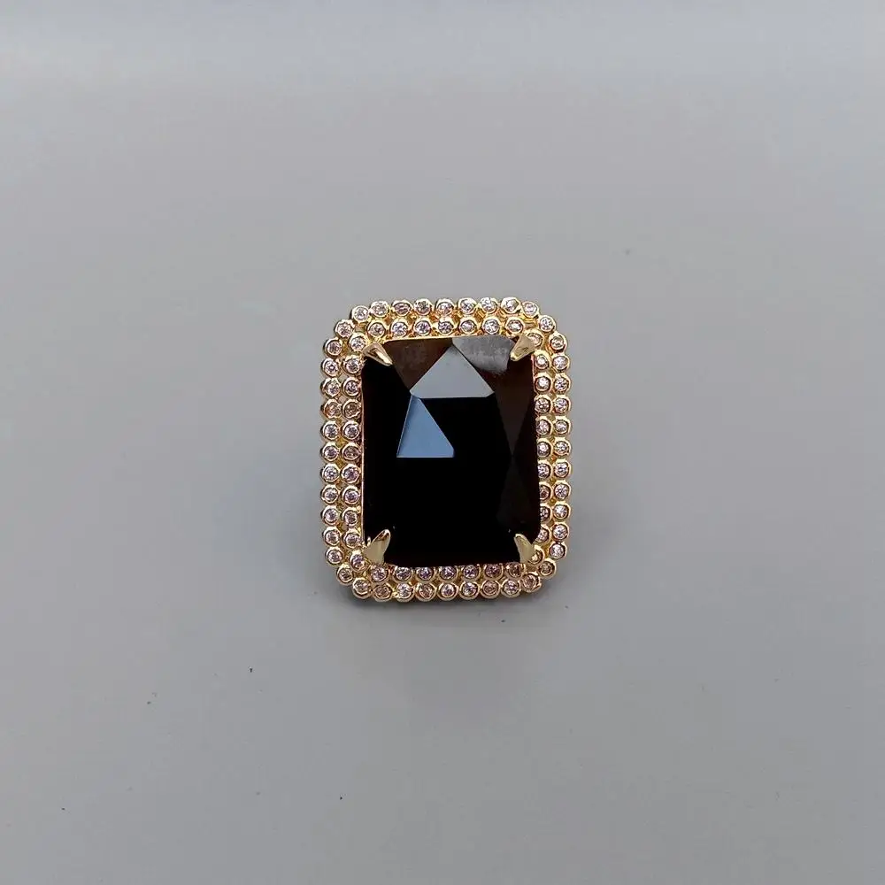 YYGEM 23x27mm Black Onyx Rectangle Cz Pave Ring Gold Plated Adjustable Ring Fashion Party Jewelry - view 3