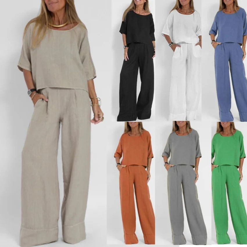 

Новые летние женские повседневные свободные однотонные футболки с короткими рукавами и круглым вырезом, свободные широкие брюки с высокой талией