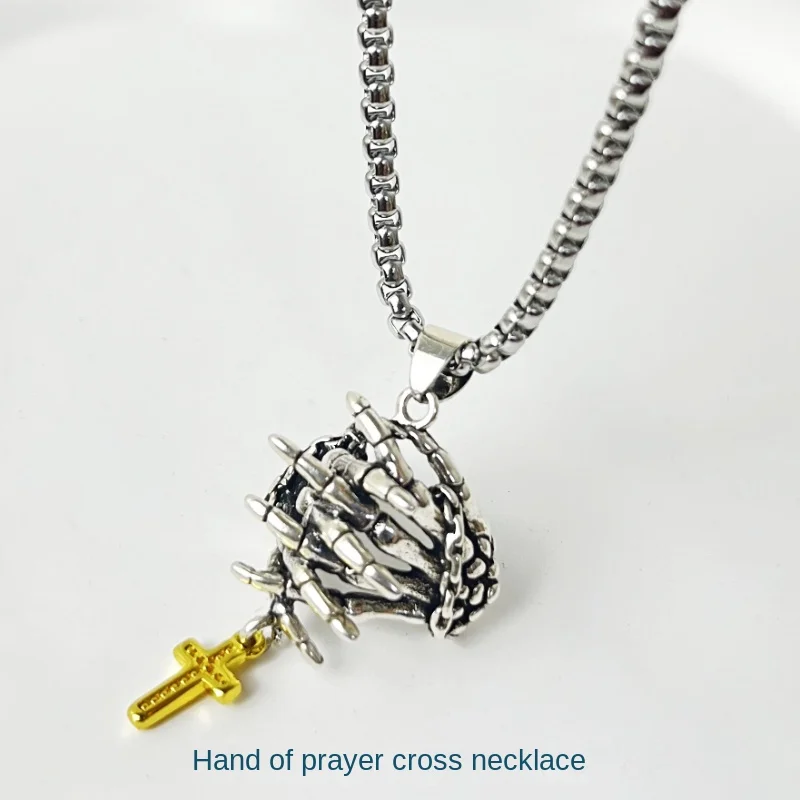 

Fashion Prayer Hand Bone Skeleton Cross Necklace Men and Women Retro Hip Hop Pendant Sweater Chain Punk Jewelry Accessories Gift