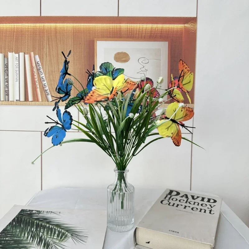 10 Stück Kunstblumen, Seidenrote Iris mit Fransen, für die Dekoration von Fluren, künstliche Blumen, 5-gliedriger Schmetterlingsstrauß, Hoteldekoration – Detail 2