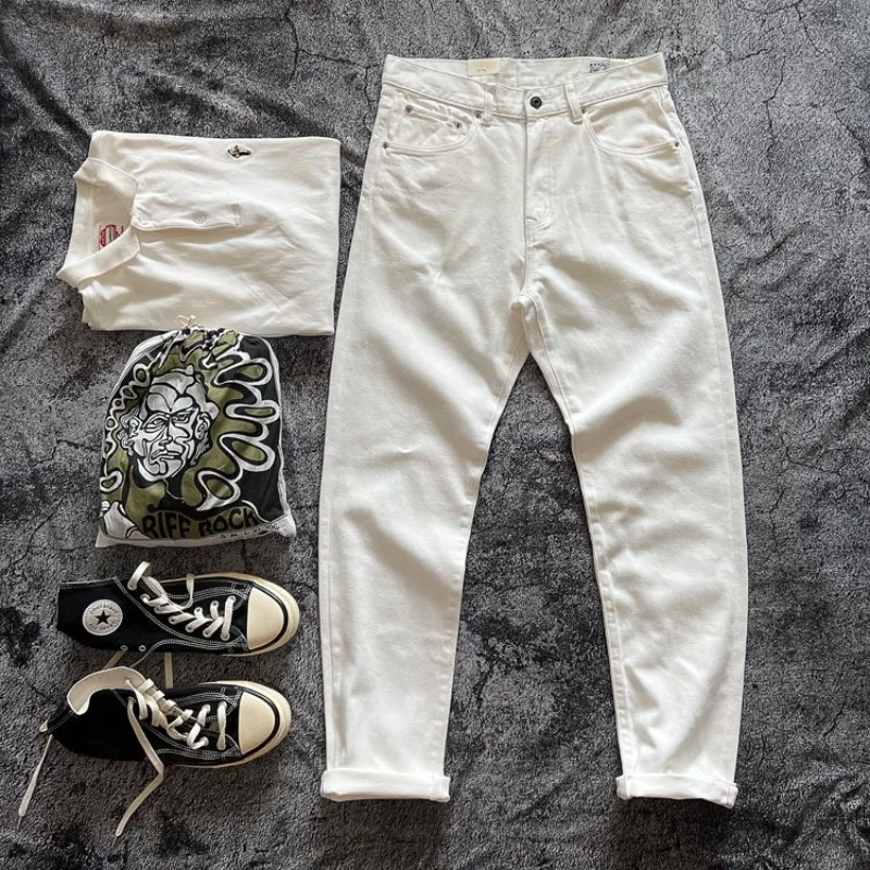 Vintage Japanese Style White Selvedge Denim Jeans for Men Retro American Workwear Straight-Leg Washed 97% Cotton Stretch Pants