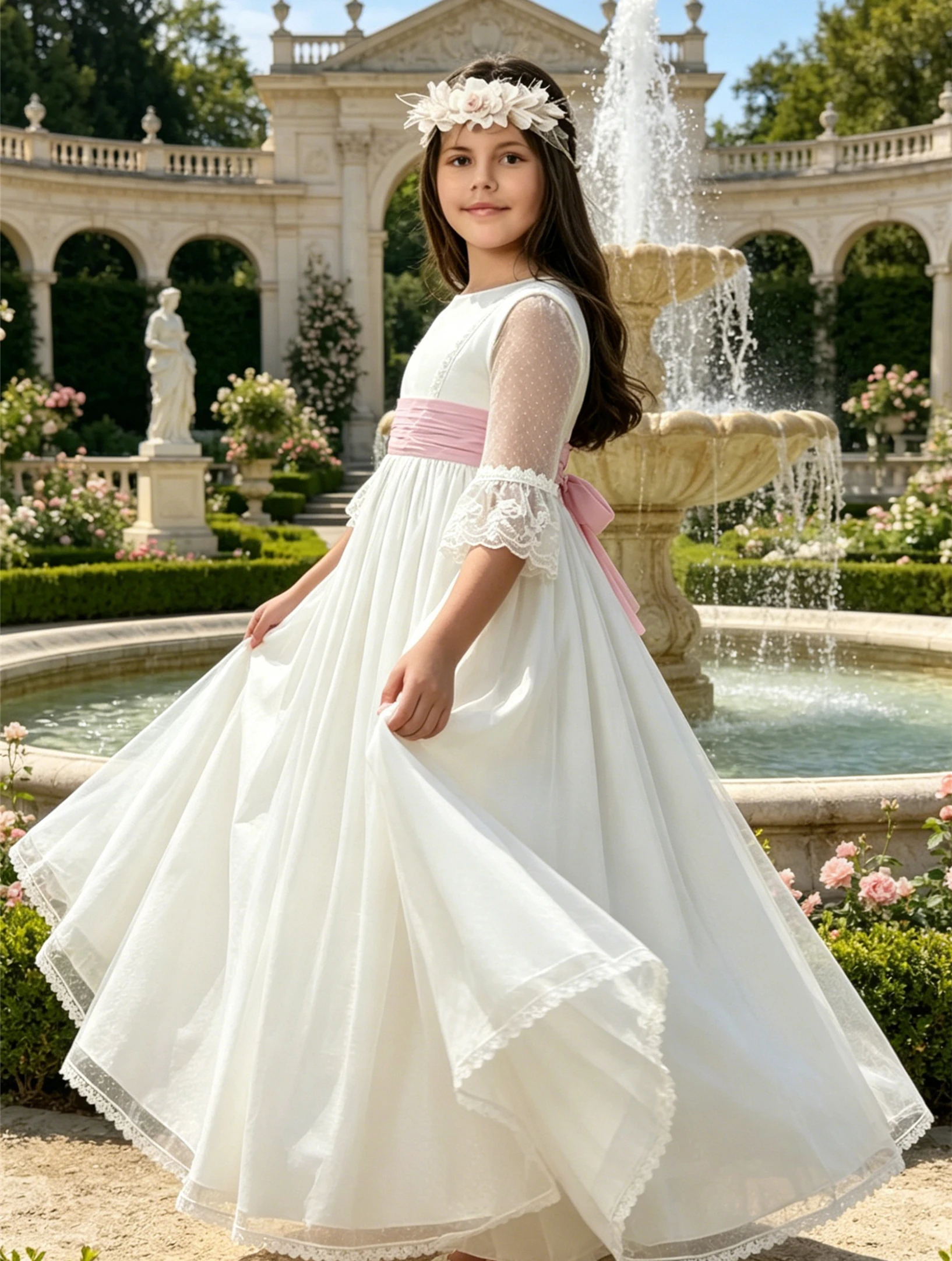 Customized Flower Girl Dress For Wedding Lace Bow Floor Length High Waist Elegant Kids Birthday Party First Communion Gown