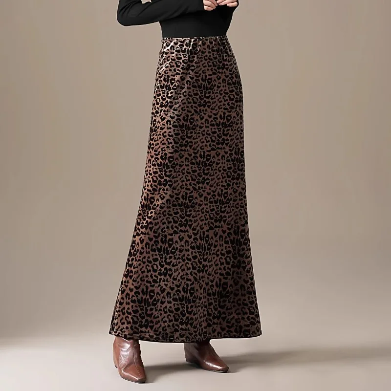 Women Fleece Lined Velvet Leopard Print Maxi Skirt High Waist A Line Mermaid Bodycon Long Skirt For Autumn Winter