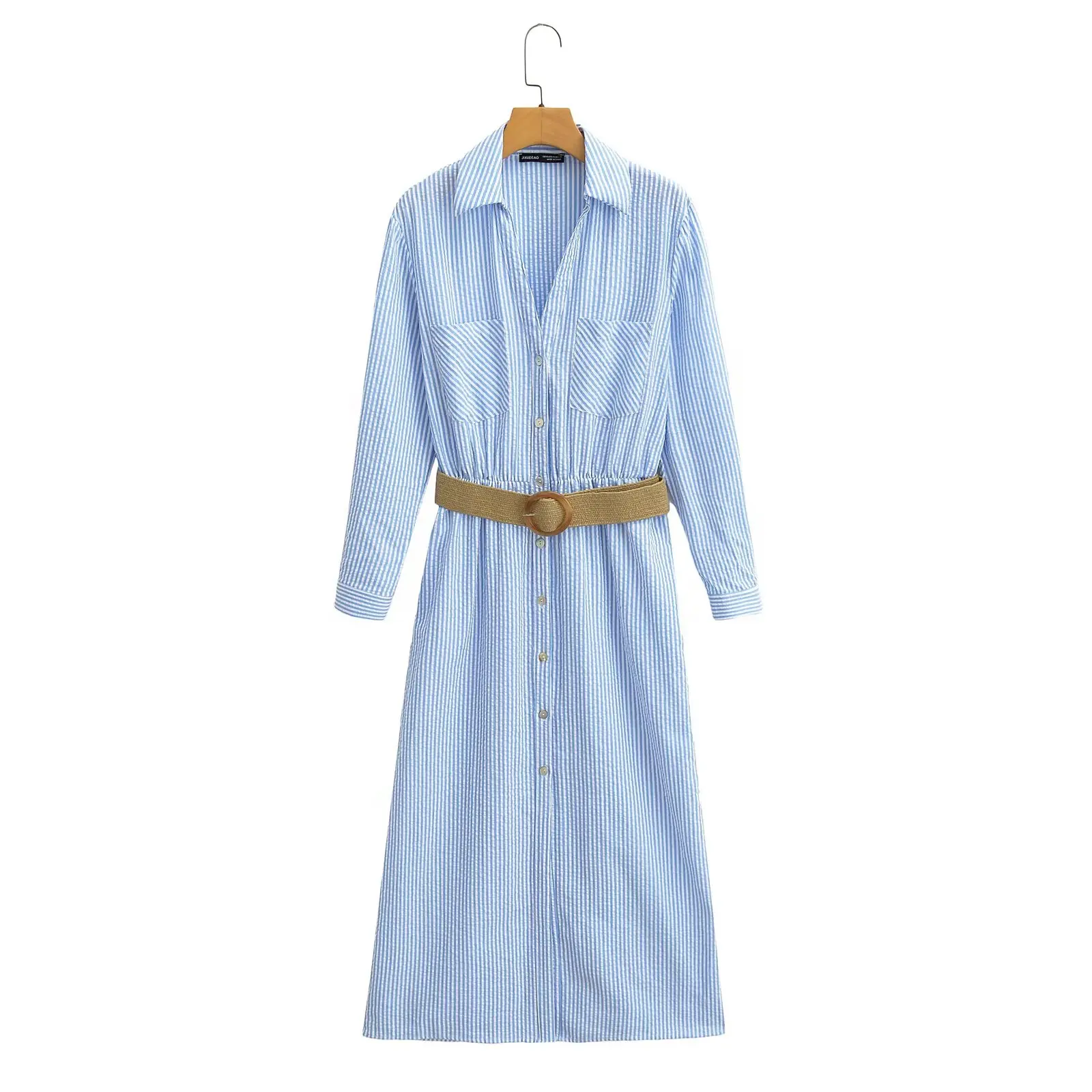 ZBZA Wiosenna Nowa Damska Modna Spódnica w Paski z Paskiem, Wysoki Stan, Długa Spódnica Midi z Włókna Poliestrowego