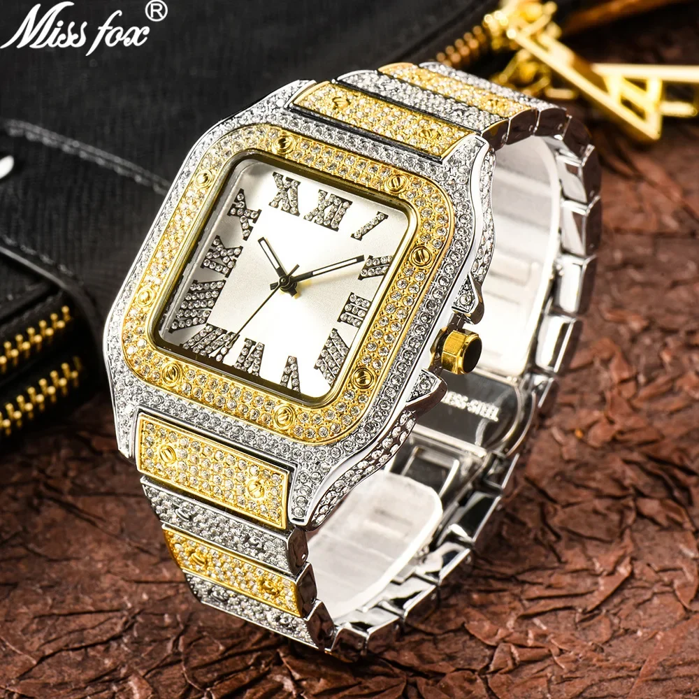 MISSFOX Square Watches for Men Luxury Designer Diamond Watch Limitied Ice Gray Edition Quartz Wristwatches for Couple Wholesale