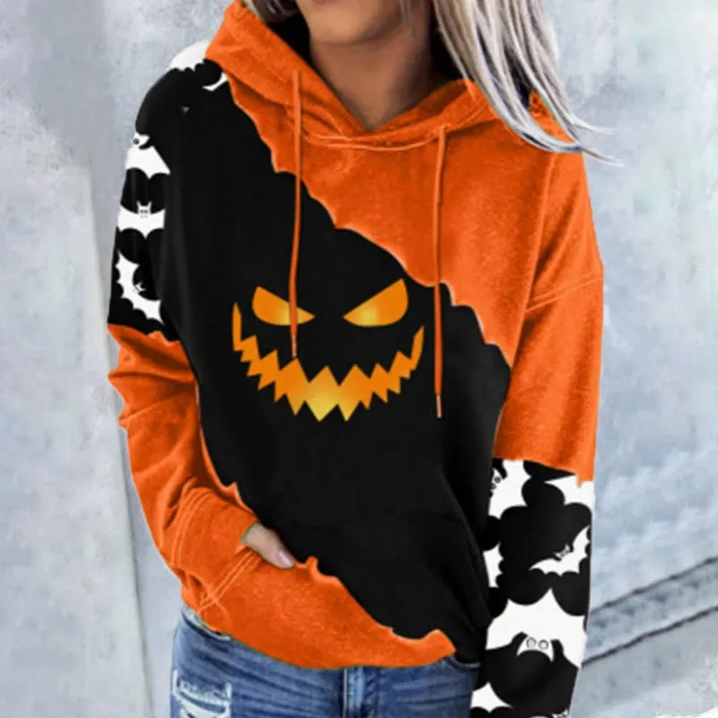 2024 Halloween Theme 3D Print Drawstring Hoodie, Casual Long Sleeve Sweatshirt, Women\'s Yellow Hooded Thin and light design