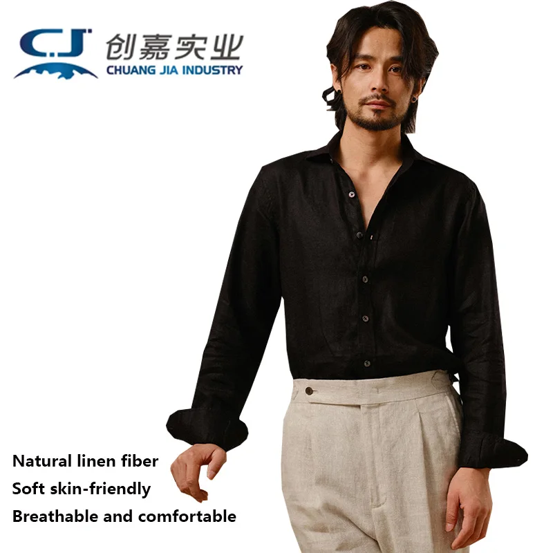 100% High-end Natural Pure Linen Men's Shirt - Black Long-sleeved Collar Top with Good Breathability and Sweat Absorption