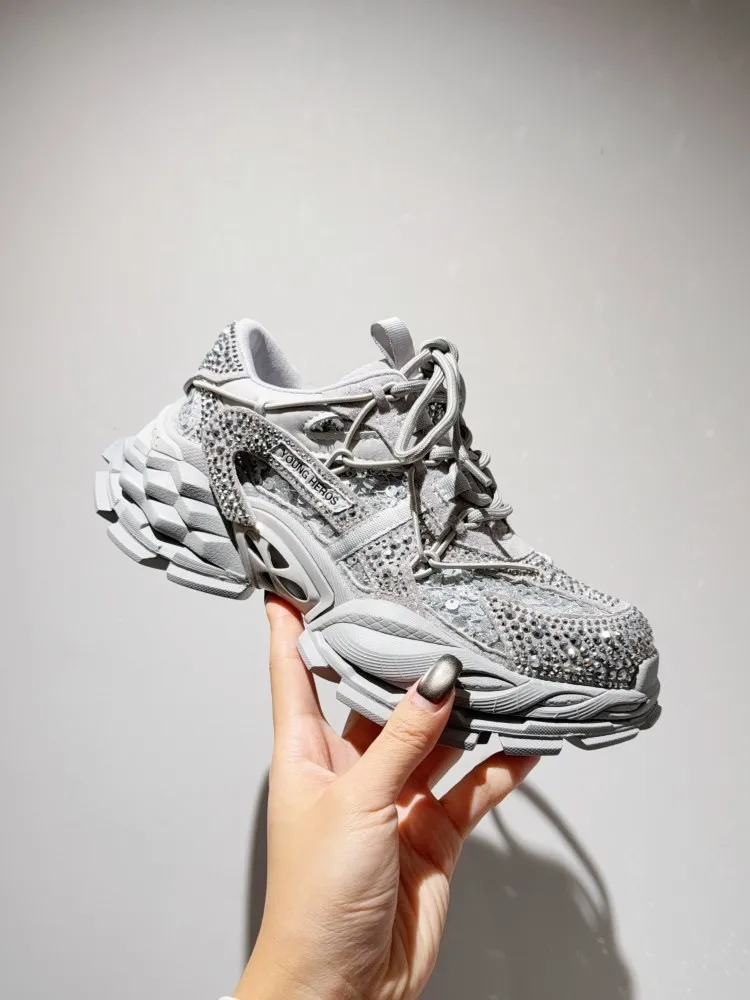 Lady Spring New Sequin Diamond Shoes Pumps Lace Up Cowhide Spliced Mesh Shoes Height Increasing Casual Sneakers Low Cut Footwear