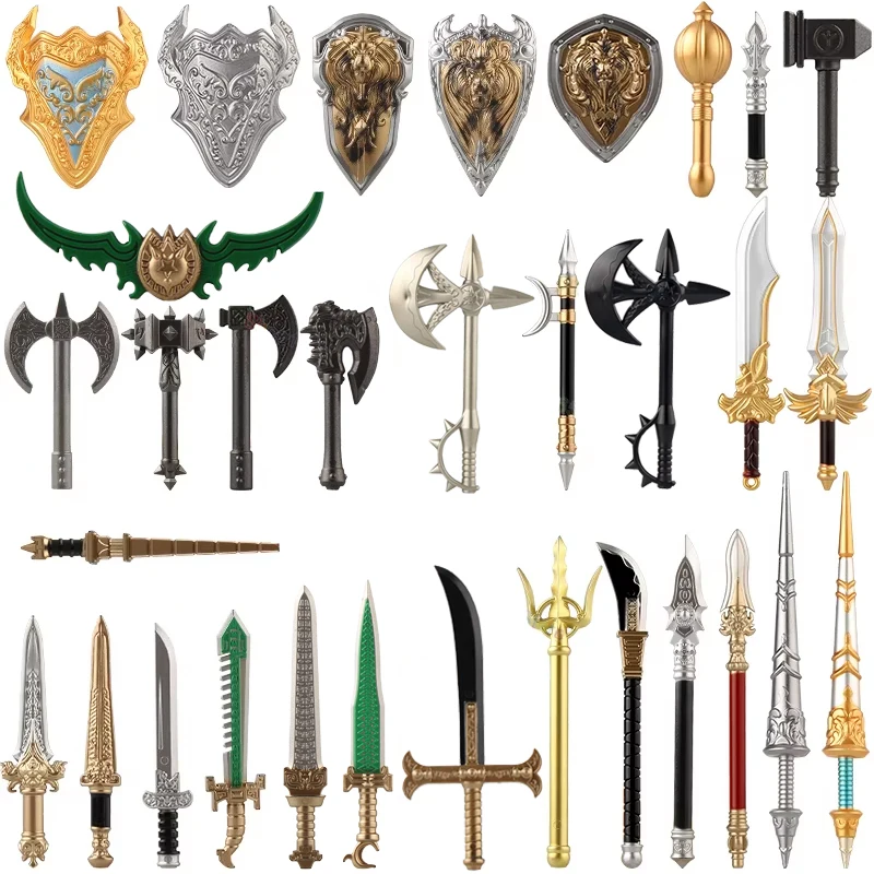 Mittelalterliche Figur Waffen Zubehör Kits Bausteine König Schwert König der Löwen Schild Dreizack Schlacht Zweischneidiges Axt Ziegelspielzeug