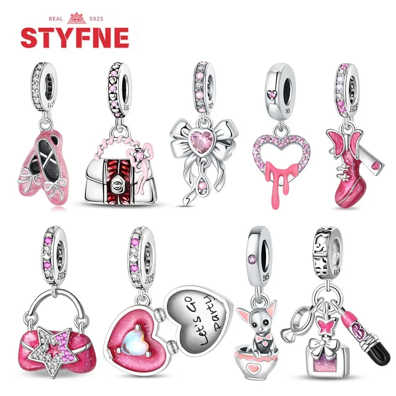 925 Sterling Silver Pink Princess gonna borsa rossetto Charms Bead per bracciali originali regali di gioielleria fai da te per le donne