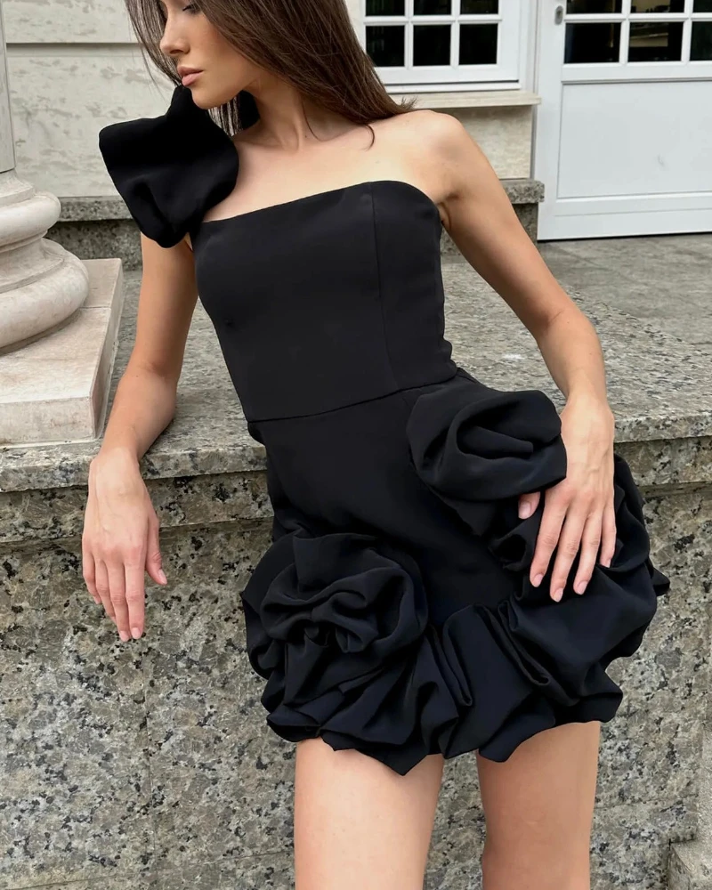 

One Shoulder Dress for Women Spring 2025 New A-line Dress Pure Skirt with Ruffle Edges