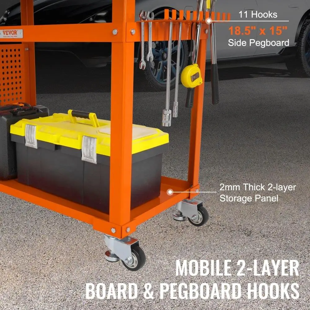 Heavy-Duty 36x24 Portable Welding Table on Wheels - 600LBS Capacity, Double-Layer Storage, 11 Hooks & 5/8 Fixture Holes