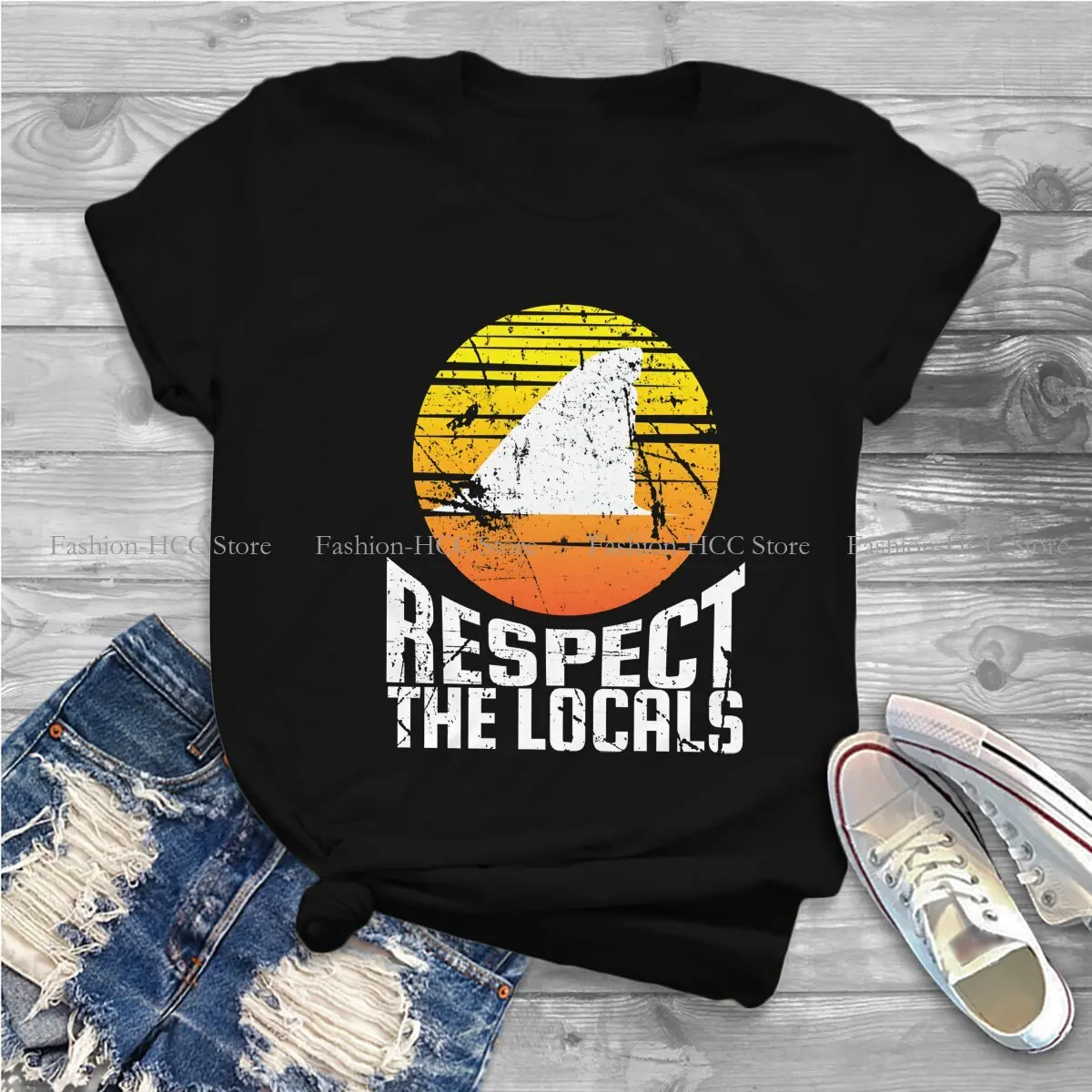 Respect The Locals Vintage Shark Sun Hip Hop Polyester TShirt Shark Wild Animal Creative Casual T Shirt Women