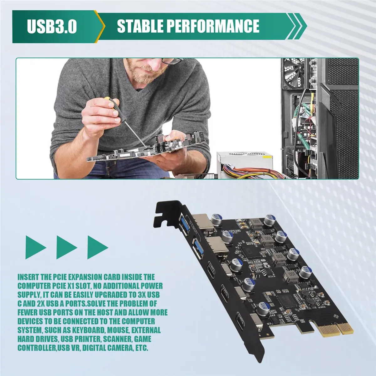2026 بطاقة توسيع جديدة + PCIe إلى 5 منافذ (3X USB C,2X USB 3.0-A) بطاقة توسيع PCI Express لـ 10/8/7 ونظام التشغيل 10.8.2 #1