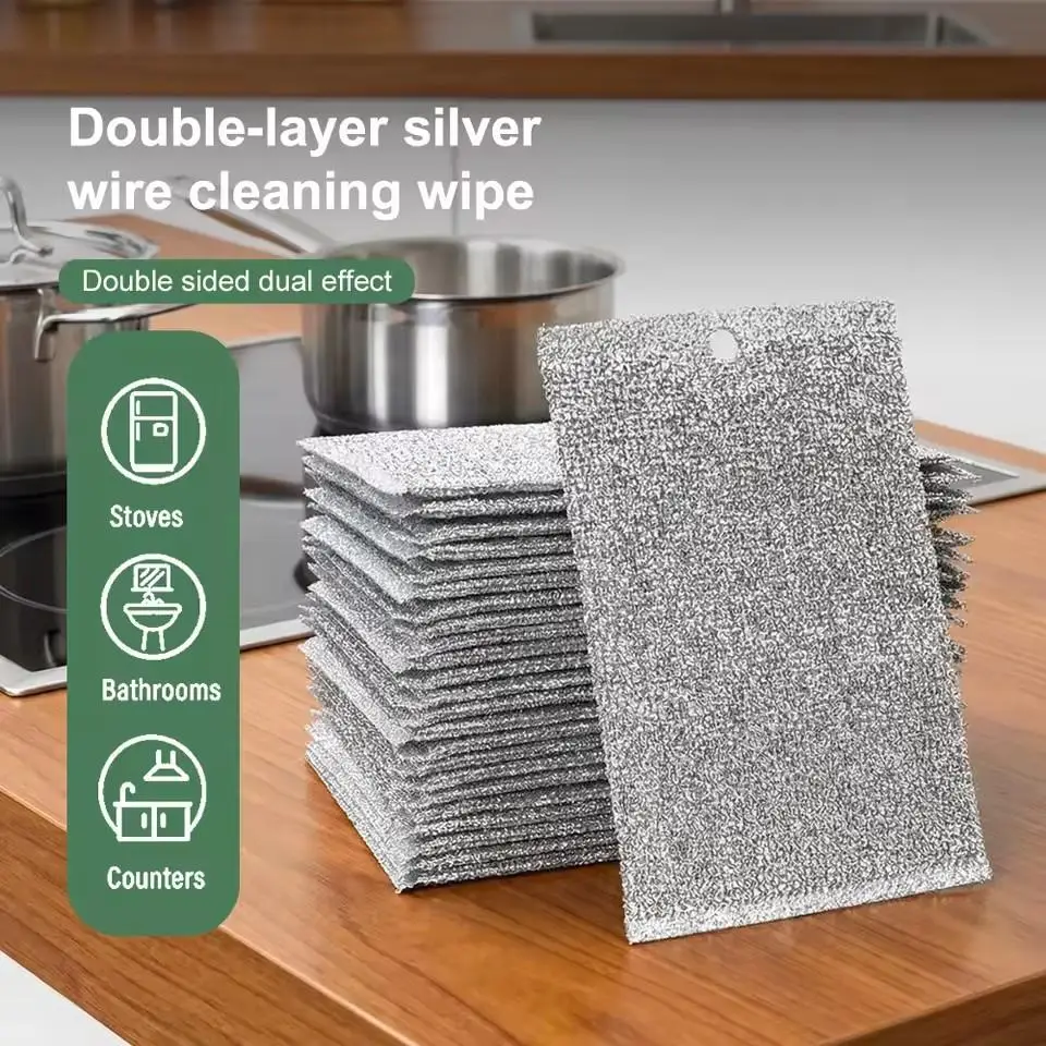 Steel Wire Dishcloth Non-Stick Oil Double-Layer Cleaning Cloth, Stubborn Stain Remover for Pots Pans, Durable Washable