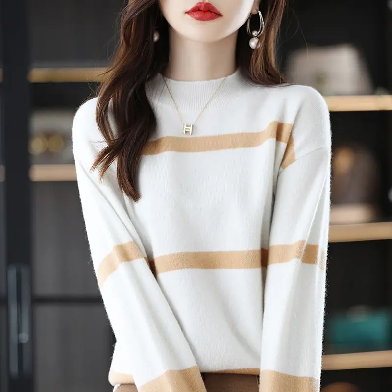 

Spring and Autumn Women's Striped Half High Collar Knitted Long Sleeve Bottom Pullover Loose Fashion Casual Formal Tops