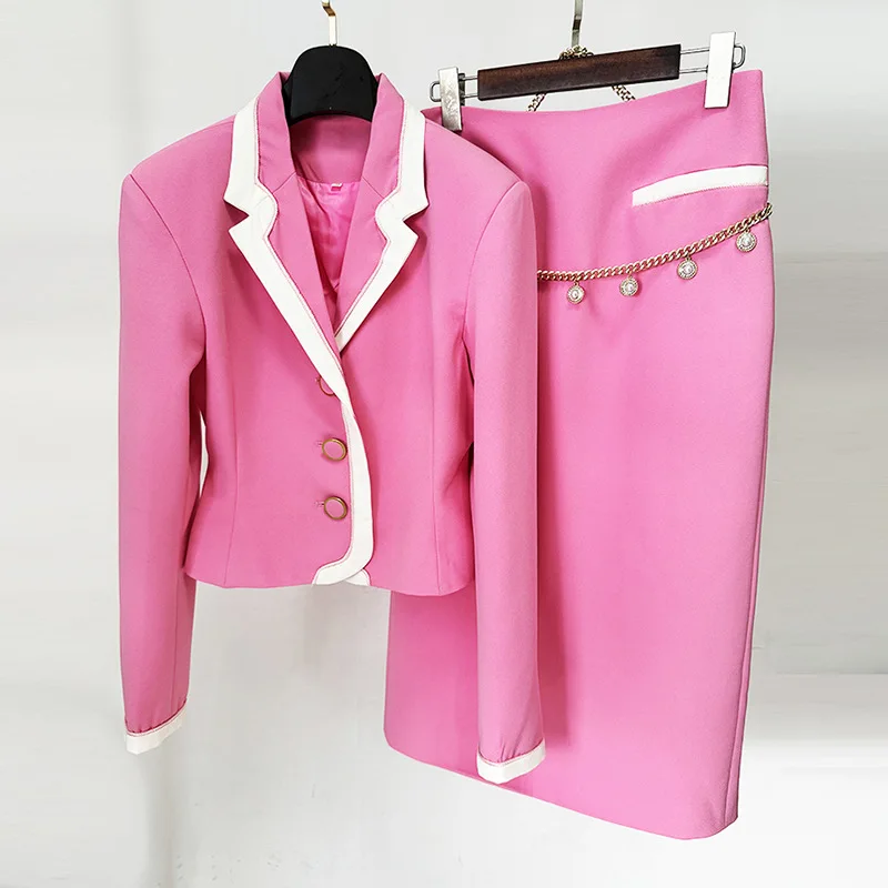 2024 New retro vintage Celebrity rhinestone belt Fashion Contrast Trim pink Blazer outfit and Mid-Length Skirt Two-Piece Set