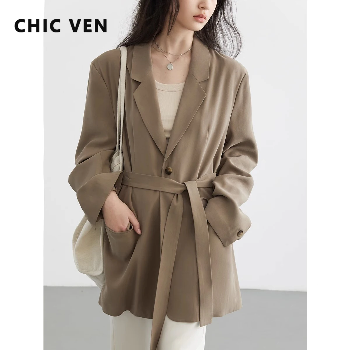 CHIC VEN-Blazer à simple boutonnage pour femme, manteau mi-long, ceinture décontractée, vêtements pour femme, nouveau, printemps, été, 2024