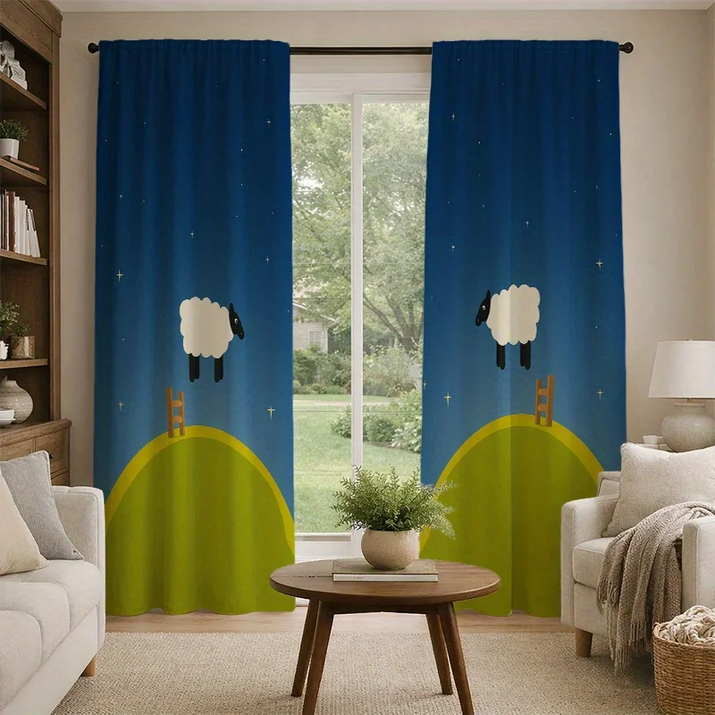 Cute Sheep Jumping Curtains, Blue Sky Green Hill Print Window Drapes, Cartoon Farm Animal Decor, Blackout Fabric for Kids Room