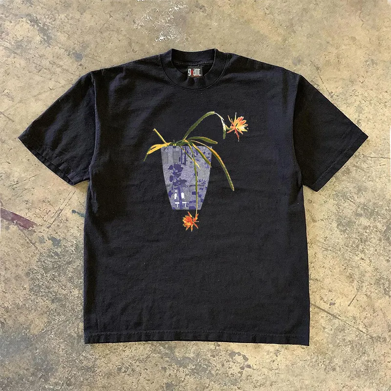 Pure Cotton Double Thread Loose Fit Short Sleeve T-Shirt Unisex Breathable Summer Fashion round Neck Plant Floral Pattern
