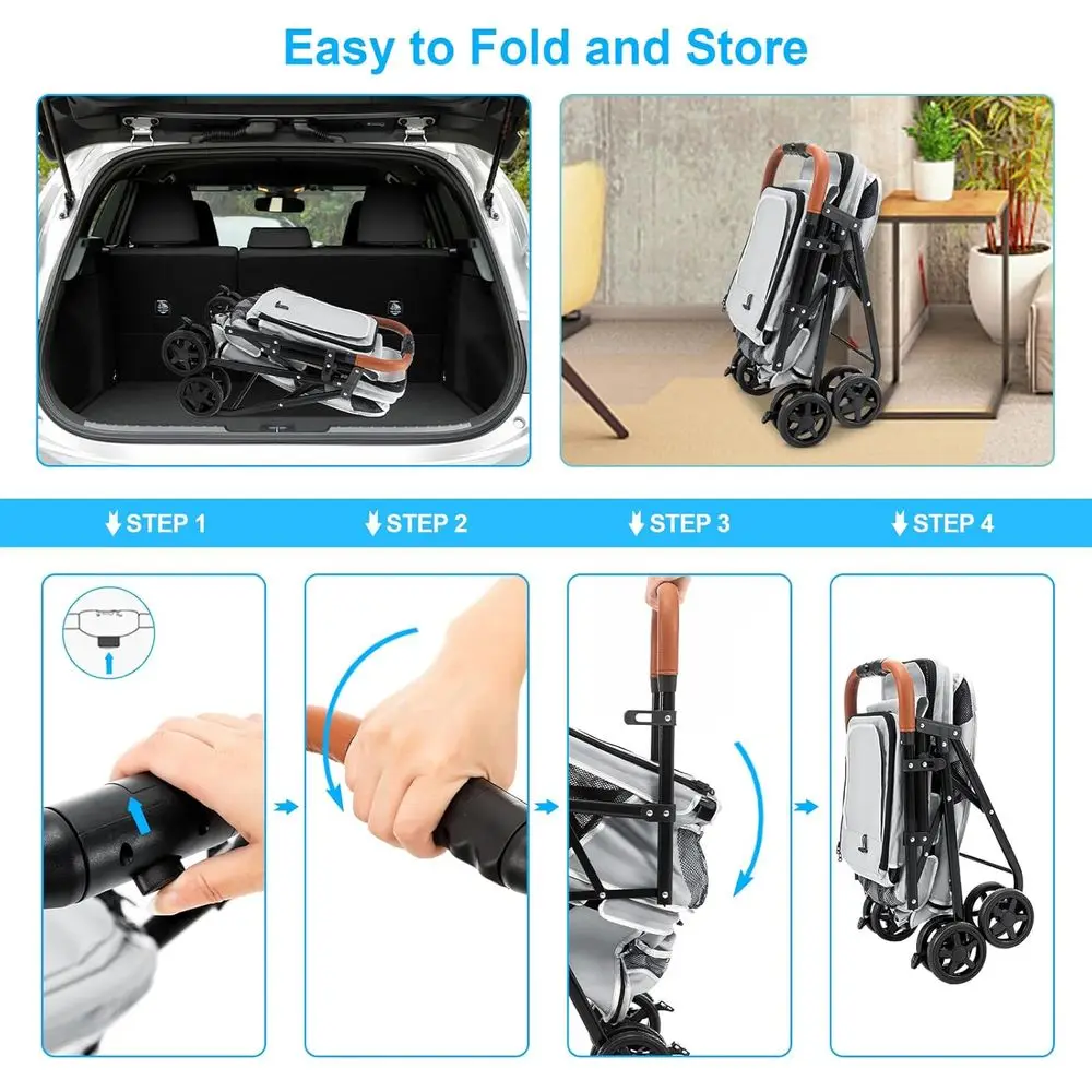 Carrinho para animais de estimação para cães e gatos, carrinho de viagem dobrável com uma mão para cães pequenos e médios, 4 rodas, cinza