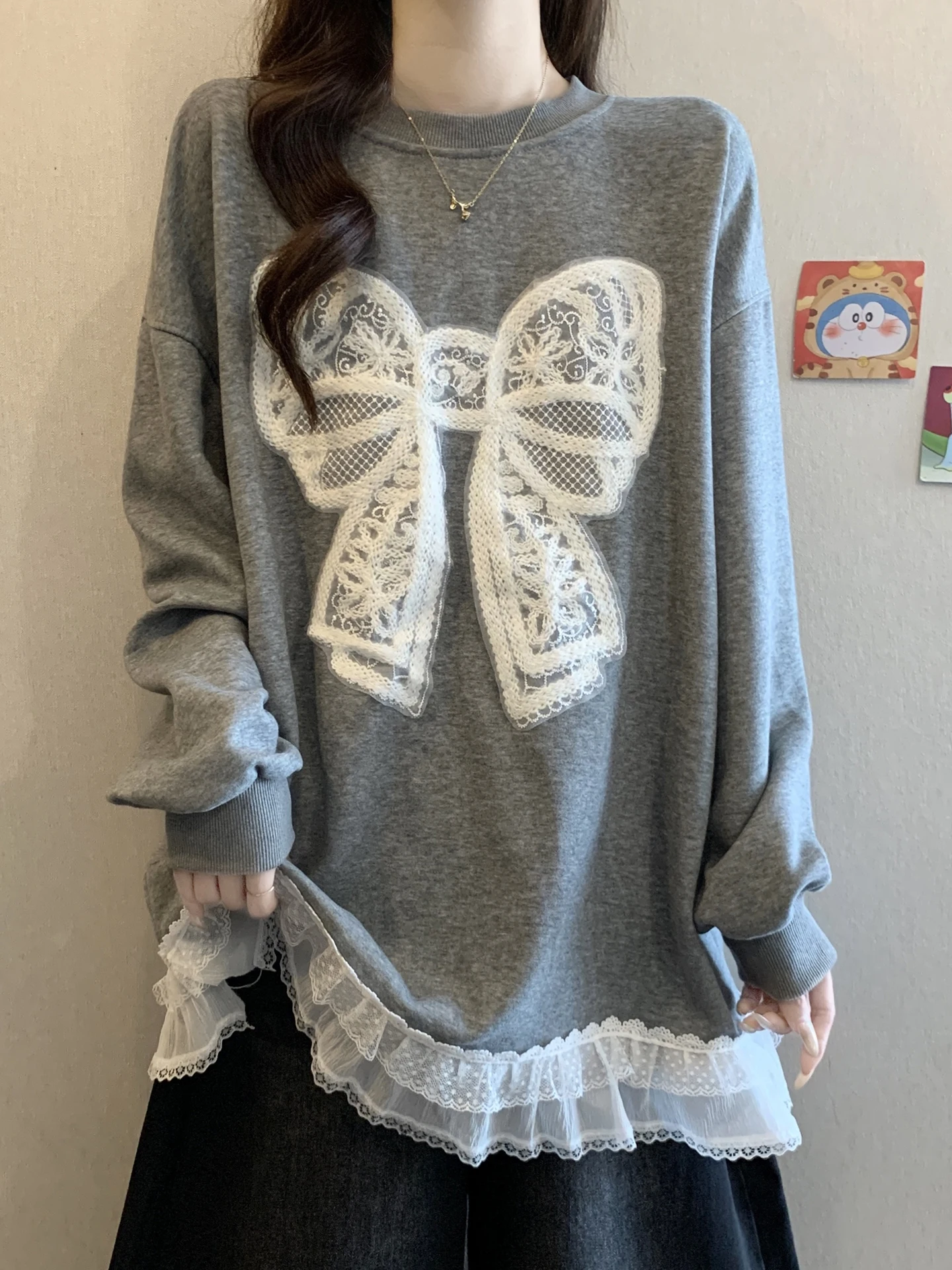 

Корейская женская толстовка с длинным рукавом, больших размеров, с кружевными вставками, узлом, средней длины, утягивающая, скрывающая живот