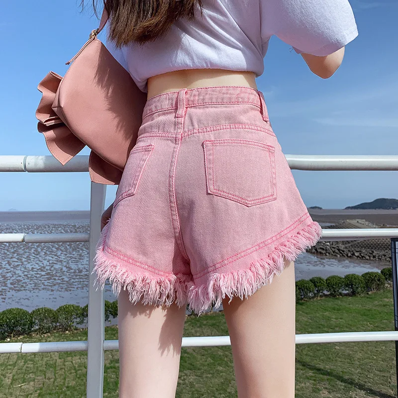 High Waisted Pink Denim Shorts for Women Summer 2026 New High Street Ins Trendy Loose Edge A-line Slimming Pants