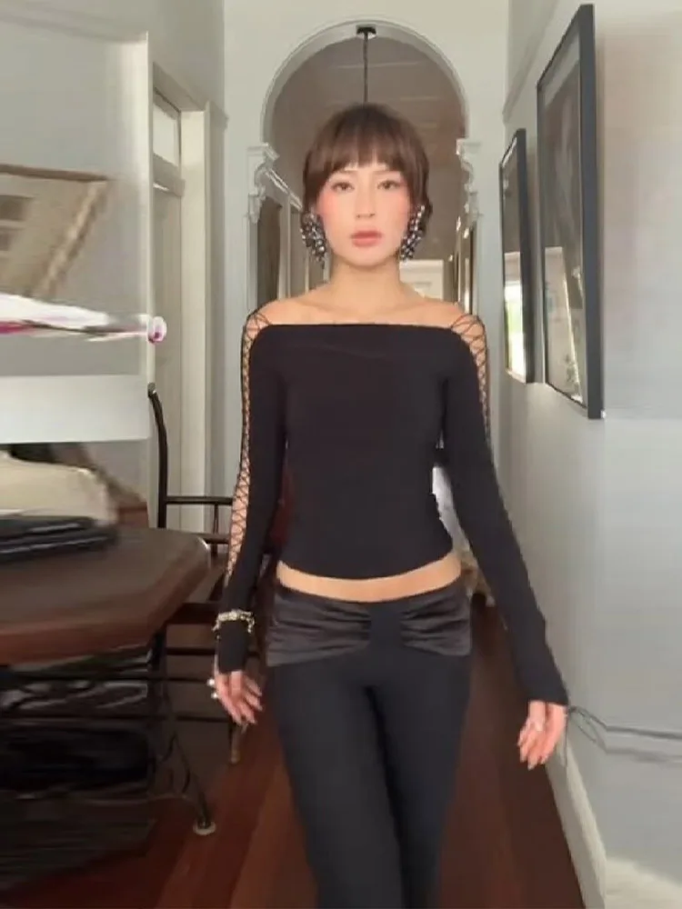 مثير سيدة سليم المناسب الأسود الأعلى الدانتيل يصل عارية الذراعين ساحة طوق كم طويل كل مطابقة قاعدة طبقة أزياء المرأة الجديدة اليومية صالح