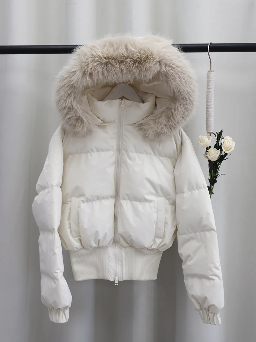 

Women's ort Puffer Jaet 90% White Du down Faux Fur Collar Waist-Cinching Warm Casual Sle Zipper Closure Color