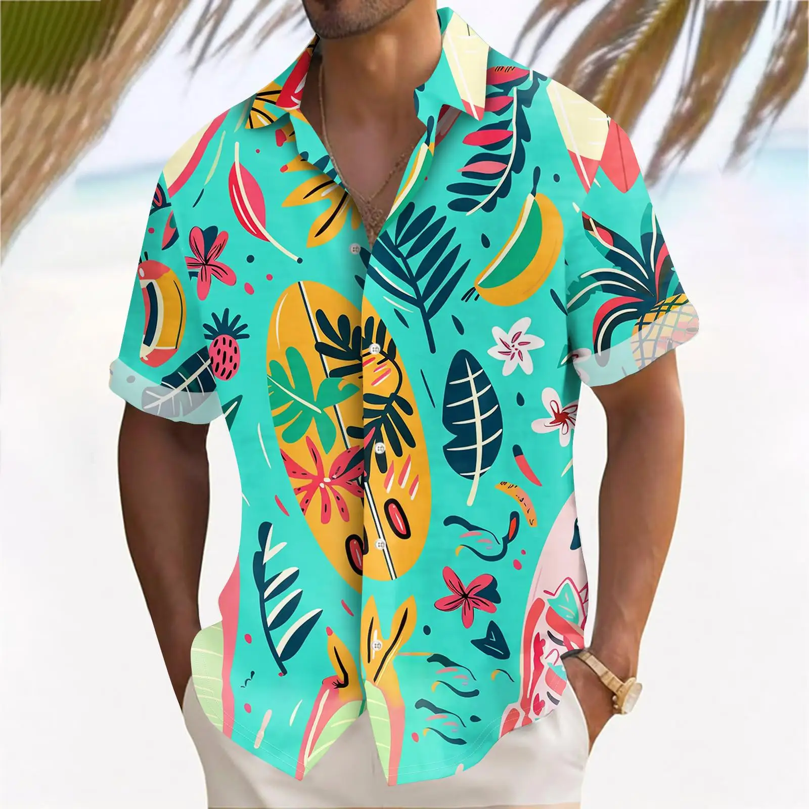 Summer Men Hawaiian Shirts 3D Print Palm Leaf Lapel Unisex Fashion Short Sleeve Shirt Simple Popular Button Down Women Blouse