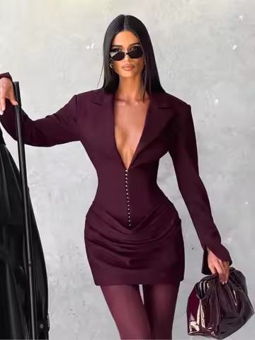 Elegant Deep V Neck Mini Dress Autumn Long Sleeve Slim High Waist Fashion Party Dress Female Temperament Pleated Evening Dress