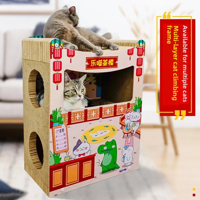 Wooden Cat House with Scratching Board Durable Cardboard Cat Scratcher Cat Bed and Lounge Pet Activity Hub Cat Play